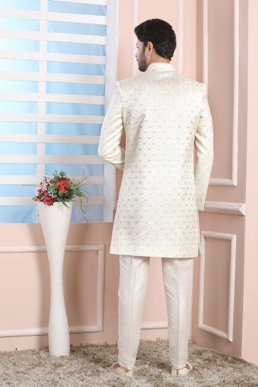 Art Silk Fabric Stunning Cream Color Wedding Wear Readymade Men Indo Western 