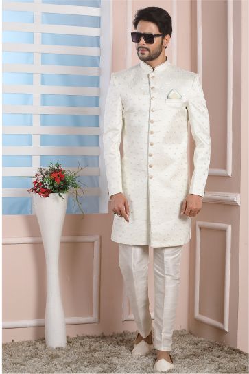 Art Silk Fabric Stunning Cream Color Wedding Wear Readymade Men Indo Western 