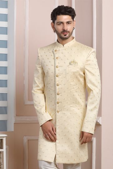 Golden Art Silk Fabric Festive Wear Readymade Lovely Indo Western For Men