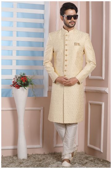 Gorgeous Cream Color Art Silk Fabric Wedding Wear Readymade Indo Western For Men