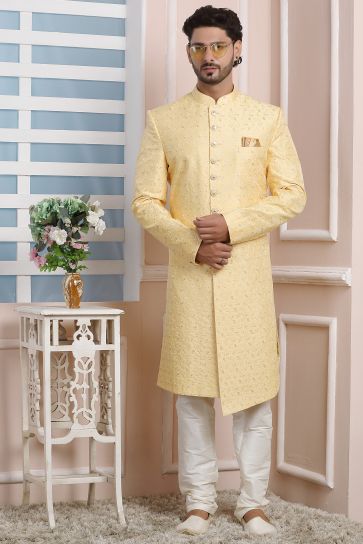 Art Silk Fabric Yellow Color Festive Wear Readymade Stunning Indo Western For Men