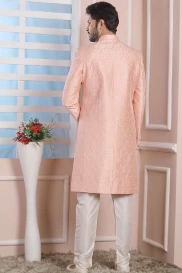 Pink Color Wedding Wear Readymade Lovely Art Silk Fabric Indo Western For Men