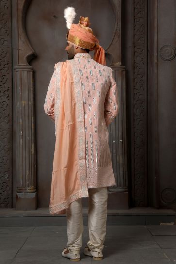 Peach Color Georgette Fabric Wedding Wear Readymade Sherwani For Men