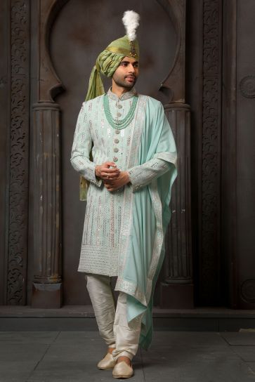 Georgette Fabric Sea Green Color Wedding Wear Readymade Men Stylish Sherwani