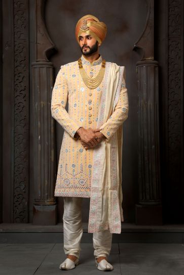 Yellow Georgette Fabric Wedding Wear Trendy Readymade Sherwani For Men