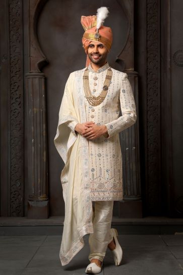 Georgette Cream Color Wedding Wear Readymade Designer Men Sherwani