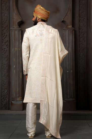 Cream Gorgeous Georgette Fabric Wedding Wear Readymade Sherwani For Men