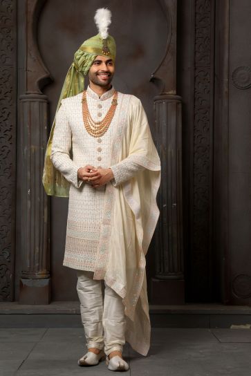 Georgette Stunning Cream Color Wedding Wear Readymade Men Sherwani