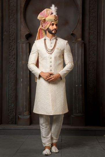 Art Silk Cream Wedding Wear Readymade Lovely Sherwani For Men