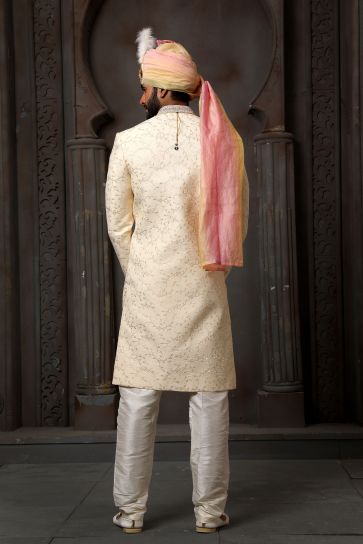 Pretty Art Silk Fabric Wedding Wear Readymade Men Sherwani In Cream Color