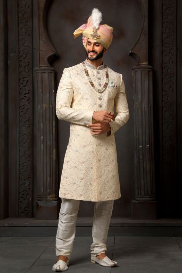 Pretty Art Silk Fabric Wedding Wear Readymade Men Sherwani In Cream Color