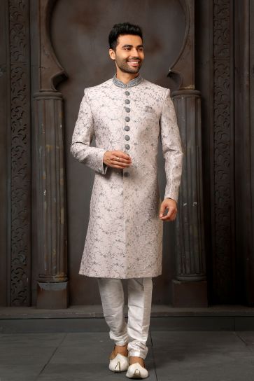 Beautiful Grey Color Wedding Wear Readymade Sherwani For Men In Art Silk Fabric