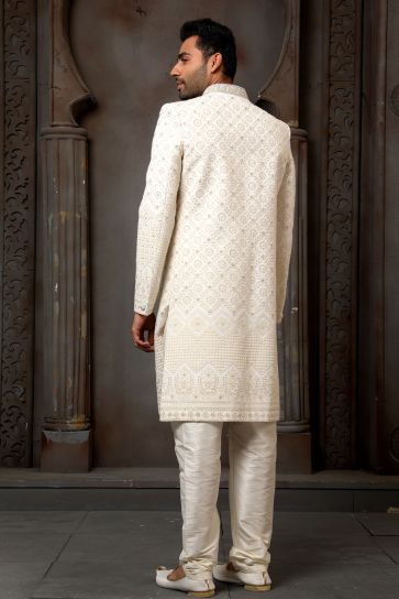 Cream Wedding Wear Readymade Glamorous Sherwani For Men In Georgette Fabric