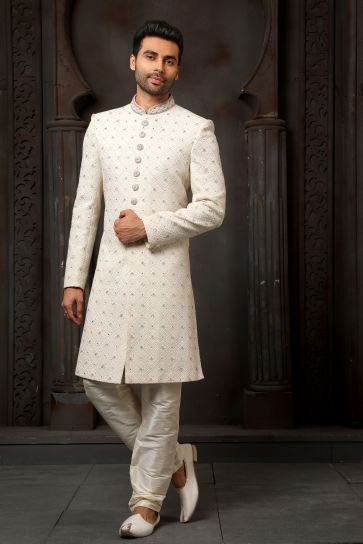 Cream Georgette Fabric Graceful Readymade Men Sherwani For Wedding Wear