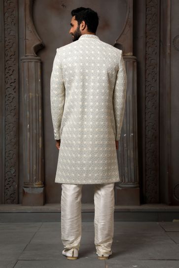 Light Cyan Art Silk Fabric Magnificent Readymade Men Sherwani For Wedding Wear