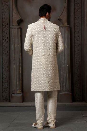 Art Silk Beige Magnificent Readymade Men Sherwani For Wedding Wear