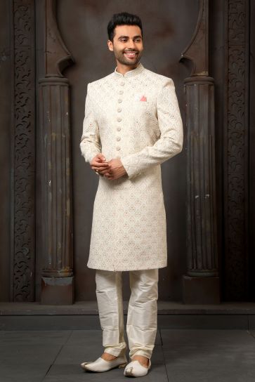 Cream Color Art Silk Fabric Heavy Embroidered Wedding Wear Designer Readymade Sherwani For Men