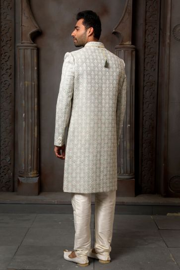 Art Silk Fabric Heavy Embroidered Grey Color Wedding Wear Designer Readymade Sherwani For Men