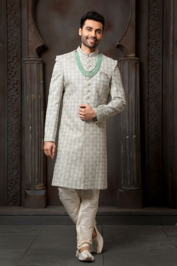 Art Silk Fabric Heavy Embroidered Grey Color Wedding Wear Designer Readymade Sherwani For Men
