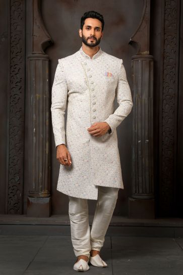 Beige Color Wedding Wear Art Silk Fabric Designer Heavy Embroidered Readymade Sherwani For Men