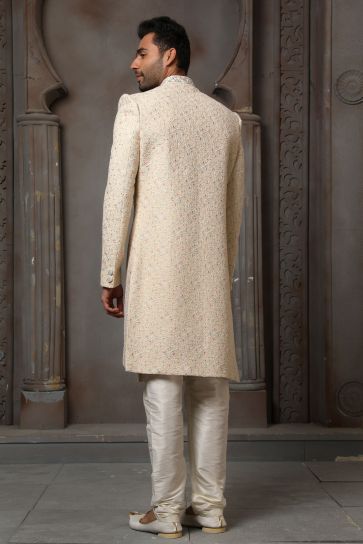 Wedding Wear Art Silk Fabric Designer Heavy Embroidered Readymade Sherwani For Men In Beige Color