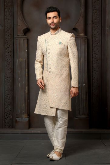 Wedding Wear Art Silk Fabric Designer Heavy Embroidered Readymade Sherwani For Men In Beige Color