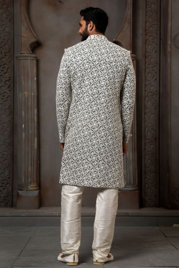 Art Silk Fabric Designer Heavy Embroidered Wedding Wear Readymade Sherwani For Men In Off White Color