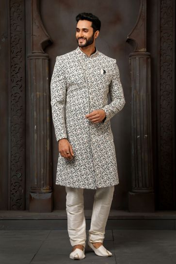 Art Silk Fabric Designer Heavy Embroidered Wedding Wear Readymade Sherwani For Men In Off White Color