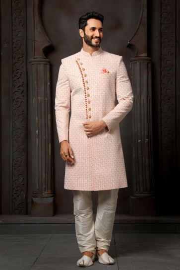 Peach Color Georgette Fabric Heavy Embroidered Wedding Function Designer Groom Sherwani For Men
