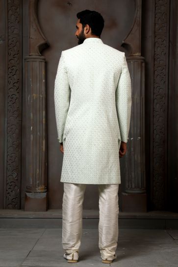 Georgette Fabric Heavy Embroidered Sea Green Color Wedding Wear Attractive Groom Sherwani For Men