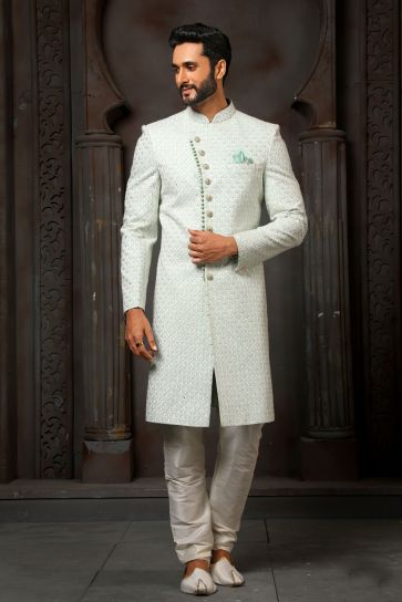Georgette Fabric Heavy Embroidered Sea Green Color Wedding Wear Attractive Groom Sherwani For Men