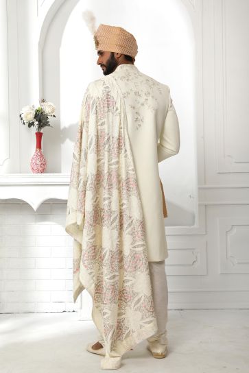 Fantastic Cream Color Art Silk Fabric Wedding Wear Sherwani For Men