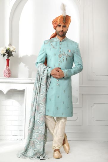 Dusky Cyan Color Art Silk Fabric Wedding Wear Readymade Sherwani For Men