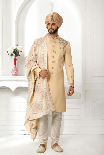 Vivacious Art Silk Fabric Wedding Wear Readymade Sherwani For Men In Beige Color