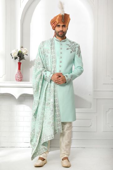 Blissful Sea Green Color Art Silk Fabric Wedding Wear Sherwani For Men