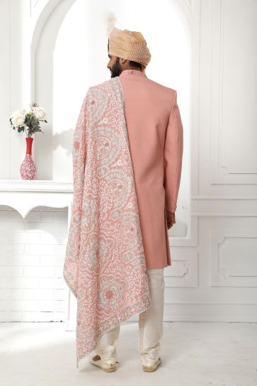 Attractive Peach Color Wedding Wear Readymade Sherwani For Men In Art Silk Fabric