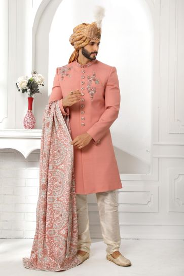 Attractive Peach Color Wedding Wear Readymade Sherwani For Men In Art Silk Fabric
