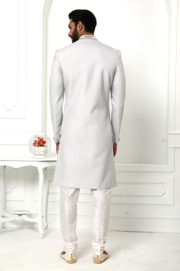 Enriching Grey Color Wedding Wear Readymade Art Silk Fabric Sherwani For Men