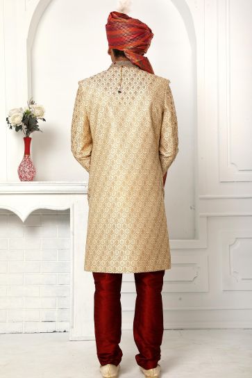 Splendiferous Beige Color Art Silk Fabric Wedding Wear Sherwani For Men