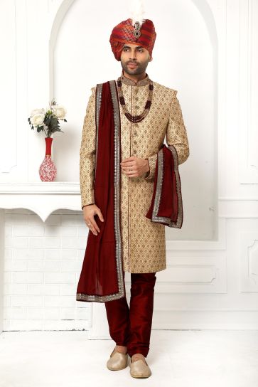Splendiferous Beige Color Art Silk Fabric Wedding Wear Sherwani For Men