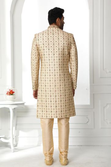Readymade Majestic Cream Color Art Silk Fabric Wedding Wear Sherwani For Men