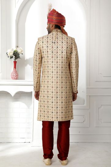 Fascinate Art Silk Fabric Wedding Wear Sherwani For Men In Cream Color