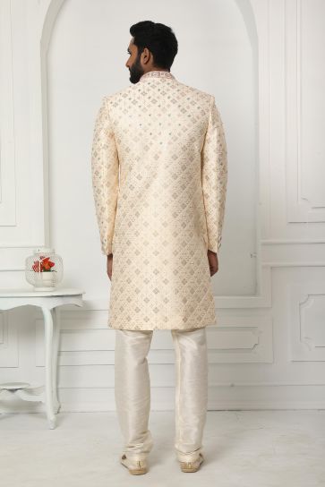 Remarkable Cream Color Art Silk Fabric Wedding Wear Sherwani For Men