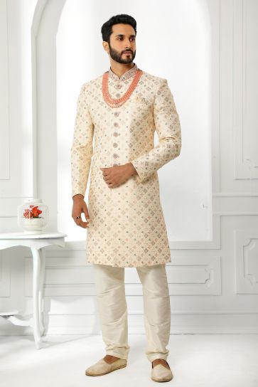 Remarkable Cream Color Art Silk Fabric Wedding Wear Sherwani For Men