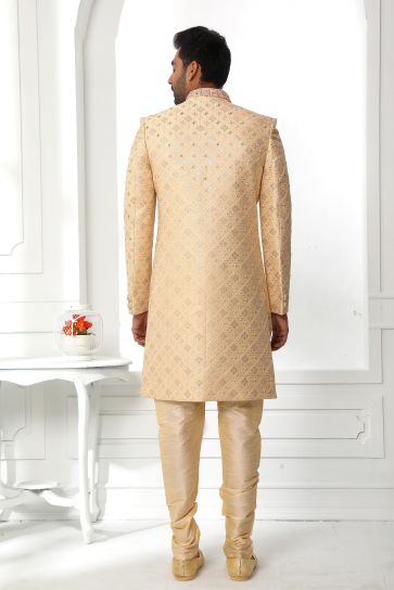 Graceful Beige Color Art Silk Fabric Wedding Wear Readymade Sherwani For Men