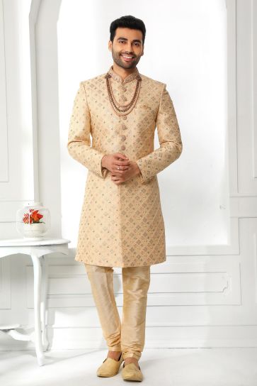 Graceful Beige Color Art Silk Fabric Wedding Wear Readymade Sherwani For Men