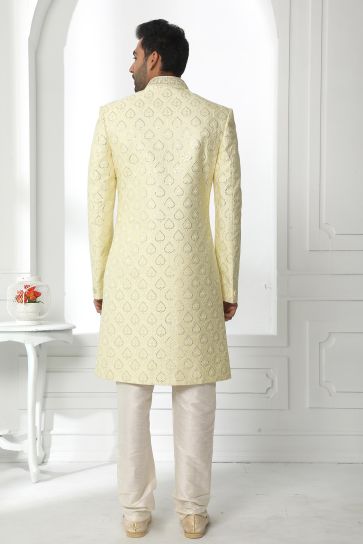 Yellow Color Art Silk Fabric Wedding Wear Magnificent Sherwani For Men