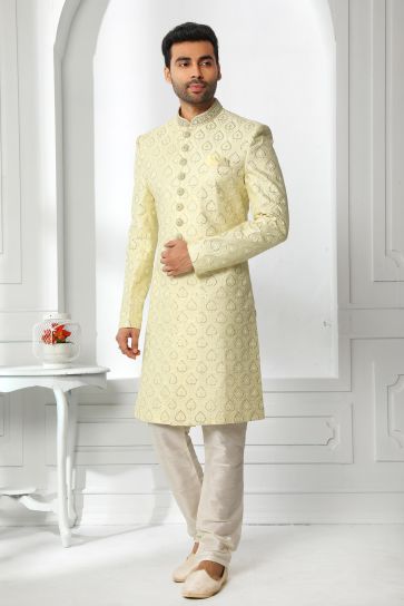 Yellow Color Art Silk Fabric Wedding Wear Magnificent Sherwani For Men
