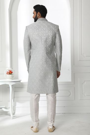 Art Silk Fabric Wedding Wear Readymade Sherwani For Men In Artistic Grey Color