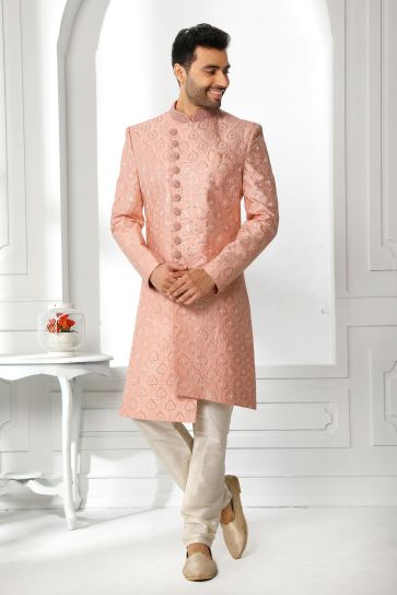 Trendy Textured Peach Color Art Silk Fabric Wedding Wear Sherwani For Men